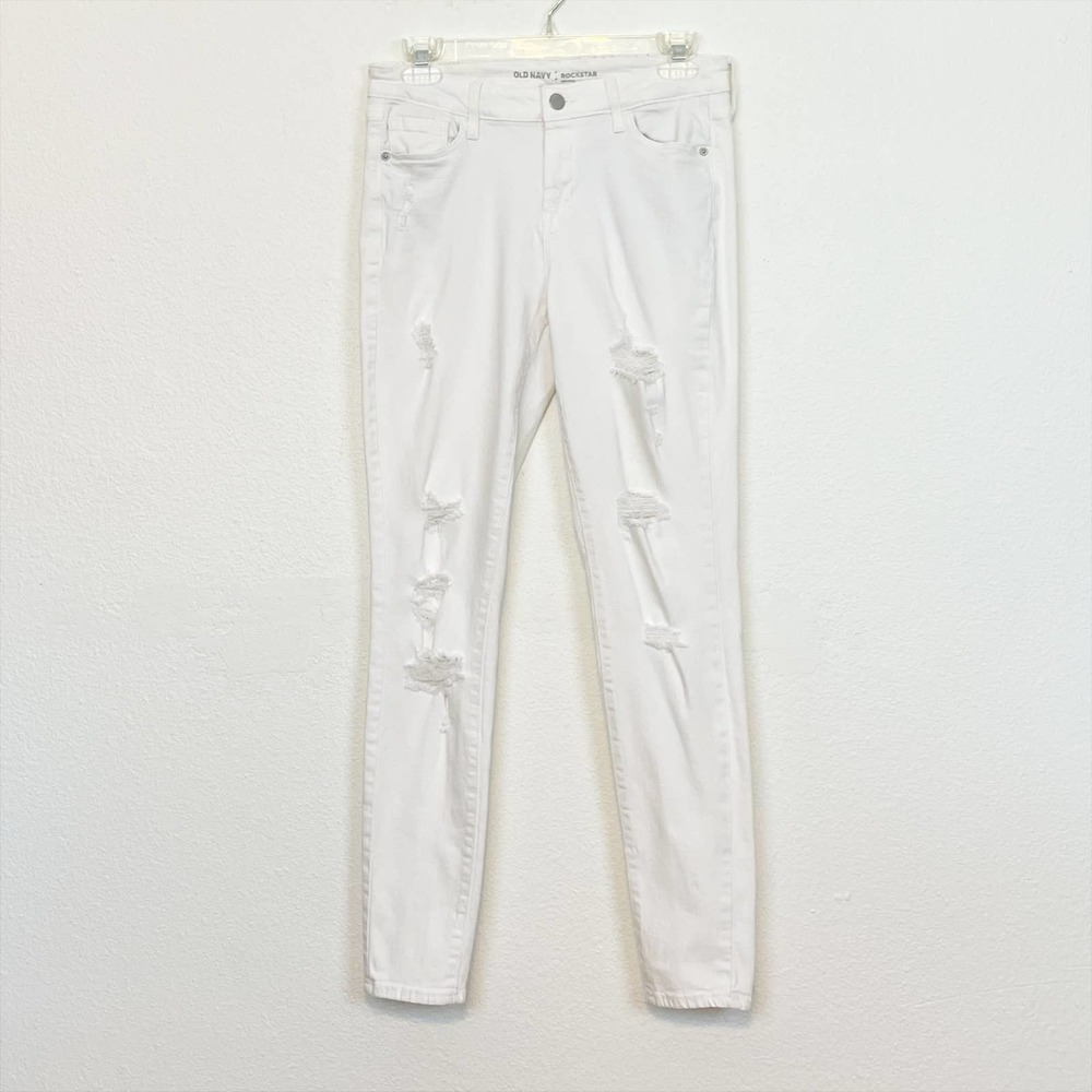 Old Navy Rockstar Mid Rise Distressed Skinny Jeans White 6